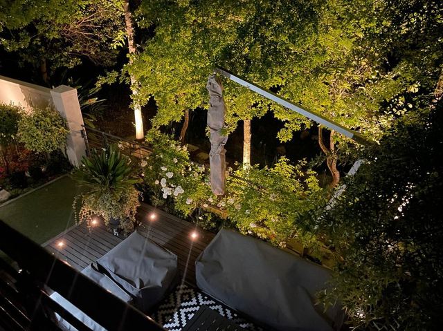 Garden at night with lit trees and small lights set into the deck
